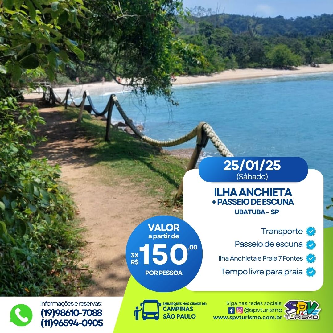 PASSEIO DE ESCUNA + ILHA ANCHIETA E PRAIA 7 FONTES - Ubatuba